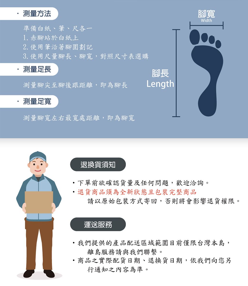 測量方法準備白紙、筆、尺各一1. 赤腳站於白紙上2. 使用筆沿著腳圍劃記3. 使用尺量腳長、腳,對照尺寸表選購測量長腳長測量腳尖至腳後跟距離,即為腳長Length測量足寬測量腳寬左右最寬處距離,即為腳寬腳寬Width退換貨須知下單前欲確認貨量及任何問題,歡迎洽詢。退貨商品須為全新狀態且包裝完整商品請以原始包裝方式寄回,否則將會影響退貨權限。運送服務我們提供的產品配送區域範圍目前僅限台灣本島,離島服務請與我們聯繫。商品之實際配貨日期、退換貨日期,依我們向您另行通知之內容為準。