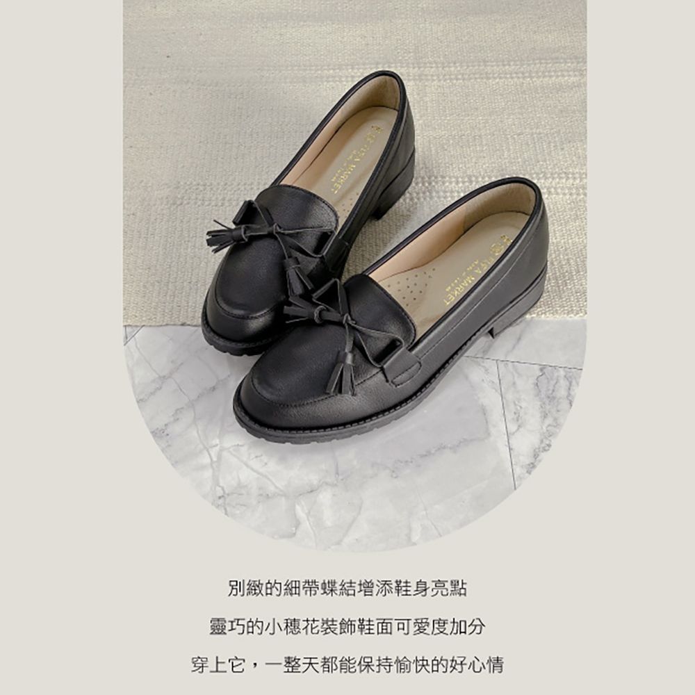 FUFA Shoes 富發牌 細帶蝶結流蘇樂福鞋-黑/杏 1CT35