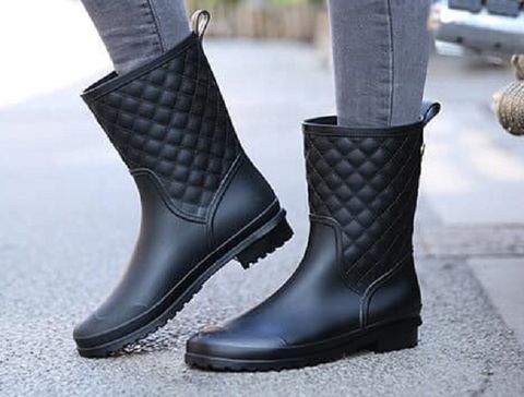 菱格優雅女增高半筒雨鞋 工作鞋 防水 耐磨 -黑色 福利品(外包裝磨損)