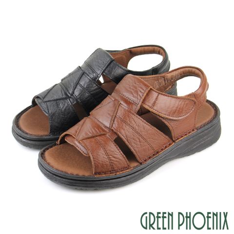 【GREEN PHOENIX】台灣手工縫製幾何圖形全真皮沾黏式寬楦厚底涼鞋T12-12767
