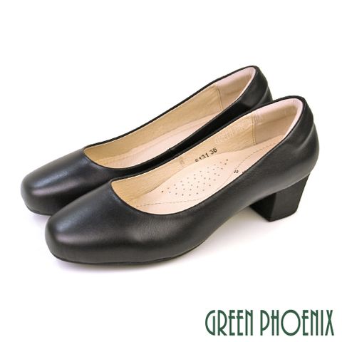 GREEN PHOENIX 波兒德 基本款素面全真皮微方頭粗中跟通勤/面試/上班鞋U60-28131