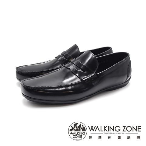 WALKING ZONE(男)圓頭軟彈力舒適樂福皮鞋 男鞋-亮黑色