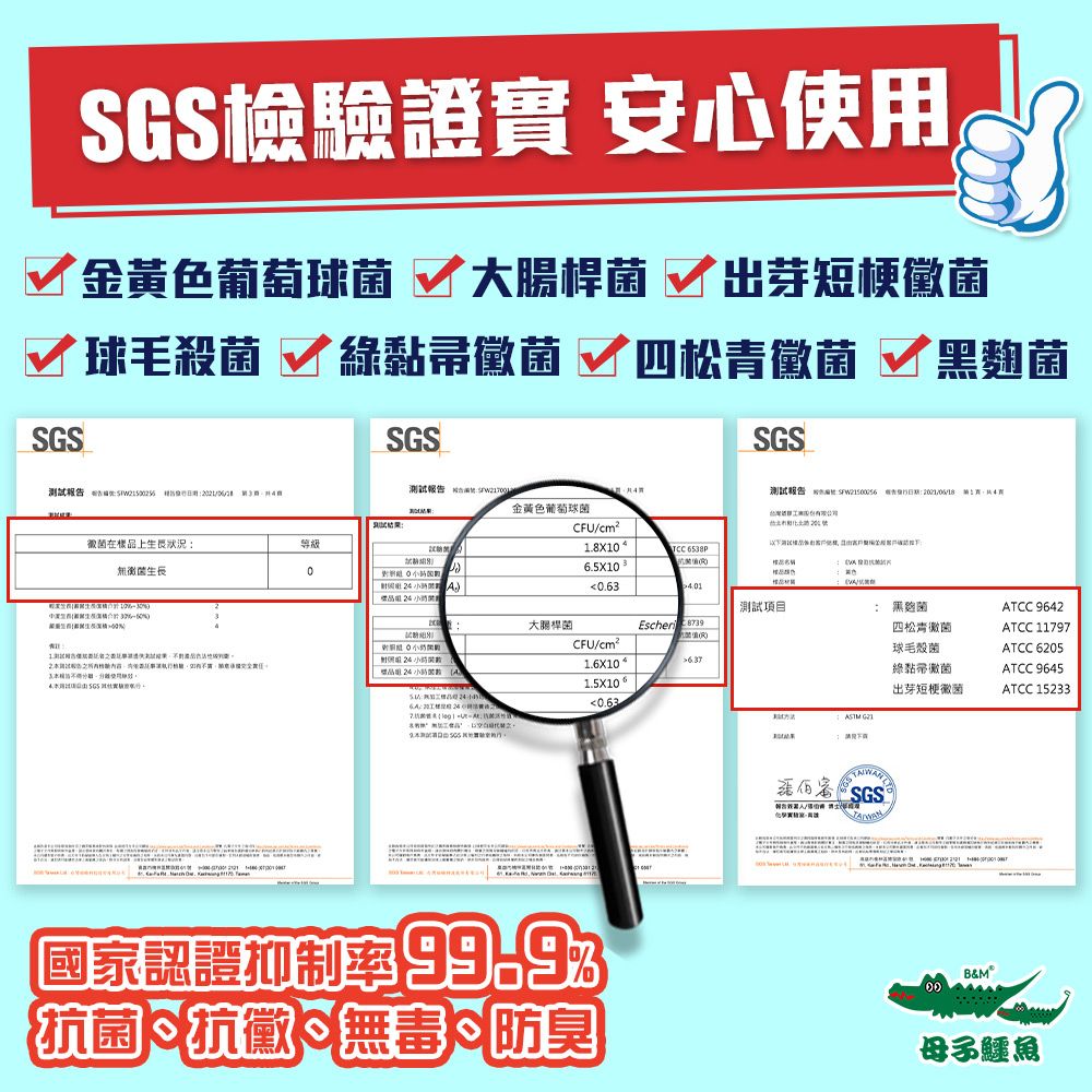 SGS檢驗證實 安心使用黃色葡萄球菌  出芽短梗黴菌 球毛殺菌  帚黴菌 四松青黴菌 黑SGSSGSSGS測試報  菌在樣上狀況無黴菌長生測試 測試報告  告: 金黃色葡萄球菌CFUcm²1.8X1TCC 6.5X10 名稱0.630 測試項目大腸桿菌 : 黑麴菌四松青黴菌ATCC 9642ATCC 11797)品小時 ACFU/cm²1.6X101.5X1060.63球毛殼菌ATCC 6205黏黴菌ATCC 9645出芽短梗徽菌ATCC 15233(國家認證抑制率抗菌 抗黴 無毒防臭報告/SGSB&MⓇ