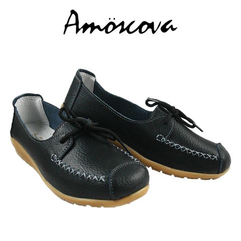 【Amoscova】手工真皮經典綁帶造型平底淑女休閒包鞋8879-黑