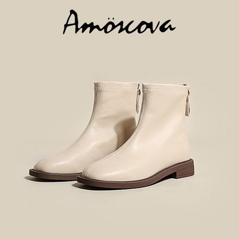 【Amoscova】女靴 真皮馬汀靴 素面短靴 中筒靴 女鞋(1672)-米色