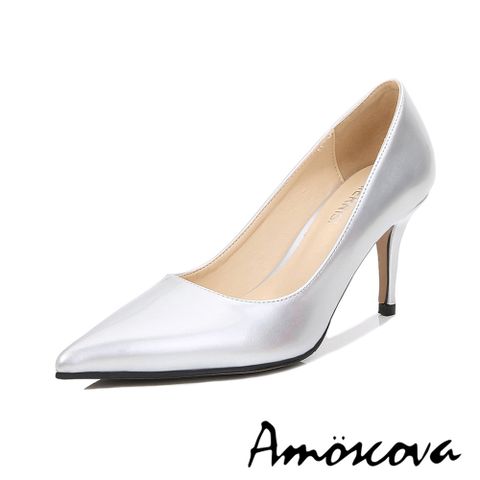 【Amoscova】(銀色)尖頭淺口高跟鞋 純色細跟鞋 工作鞋 氣質女鞋 鞋子 高跟鞋(1713)