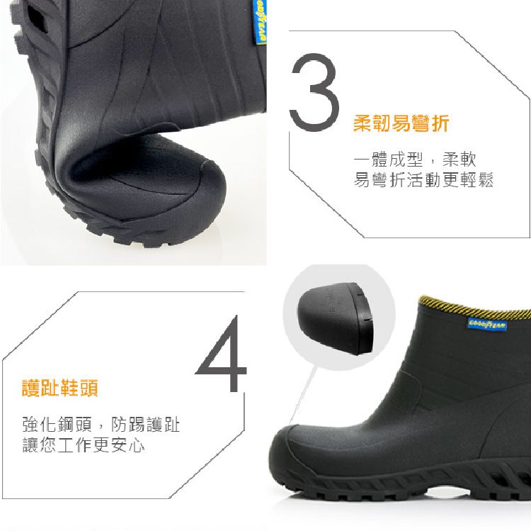 3柔韌易彎折一體成型,柔軟易彎折活動更輕鬆護趾鞋頭強化鋼頭,防護趾讓您工作更安心4