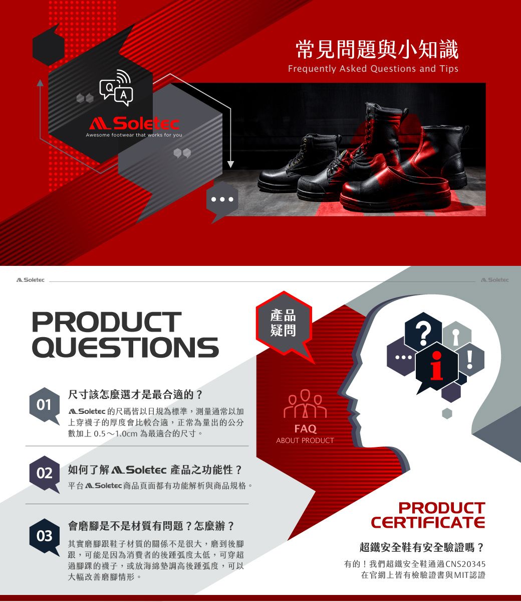 Awesome footwear that works for youPRODUCTQUESTIOS常見問題與小知識Frequently Asked Questions and Tips產品疑問!尺寸該怎麼選才是最合適的?01 Soletec 的尺碼皆以日規為標準,測量通常以加上穿襪子的厚度會比較合適,正常為量出的公分數加上0.5~1.0cm為最適合的尺寸。FAQABOUT PRODUCT02 如何了解N Soletec 產品功能性?平台 Soletec 商品頁面都有功能解析與商品規格。會磨腳是不是材質有問題?怎麼辦?03其實磨腳跟鞋子材質的關係不是很大,磨到後腳跟,可能是因為消費者的後踵弧度太低,可穿超過腳踝的襪子,或放海綿調高後踵弧度,可以大幅改善磨腳情形。PRODUCTCERTIFICATE超鐵安全鞋有安全驗證嗎?有的!我們超鐵安全鞋通過CNS20345在官網上皆有檢驗證書與MIT認證