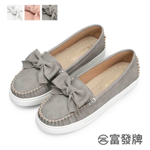 FUFA Shoes 富發牌 甜美蝶結莫卡辛休閒鞋-白/灰/粉 1BC56