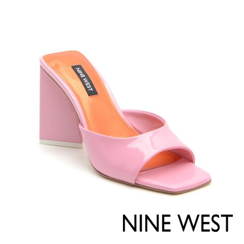 NINE WEST YOUGO3 方頭亮面粗跟拖鞋- 亮粉色