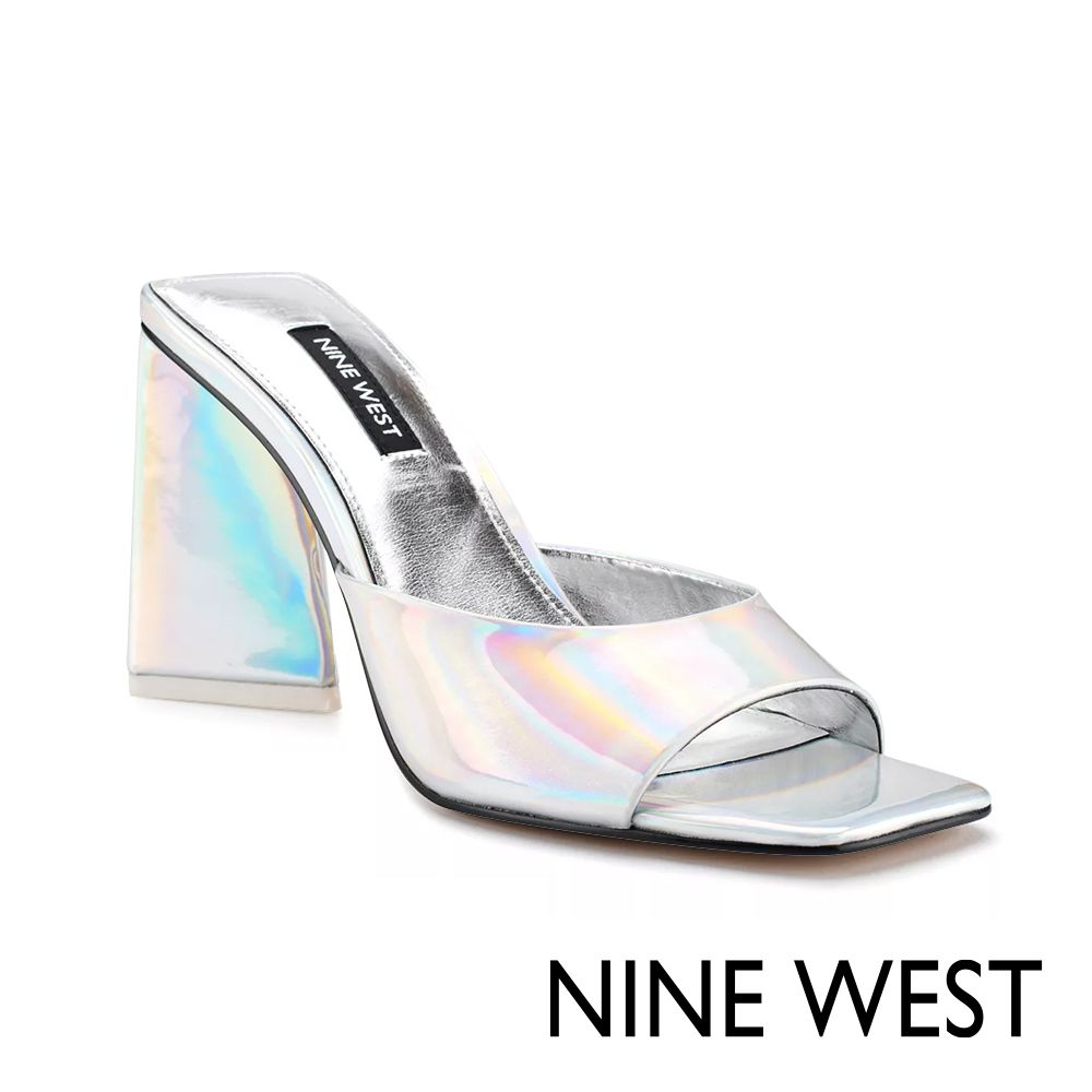 NINE WEST  YOUGO3 方頭亮面粗跟拖鞋-銀色