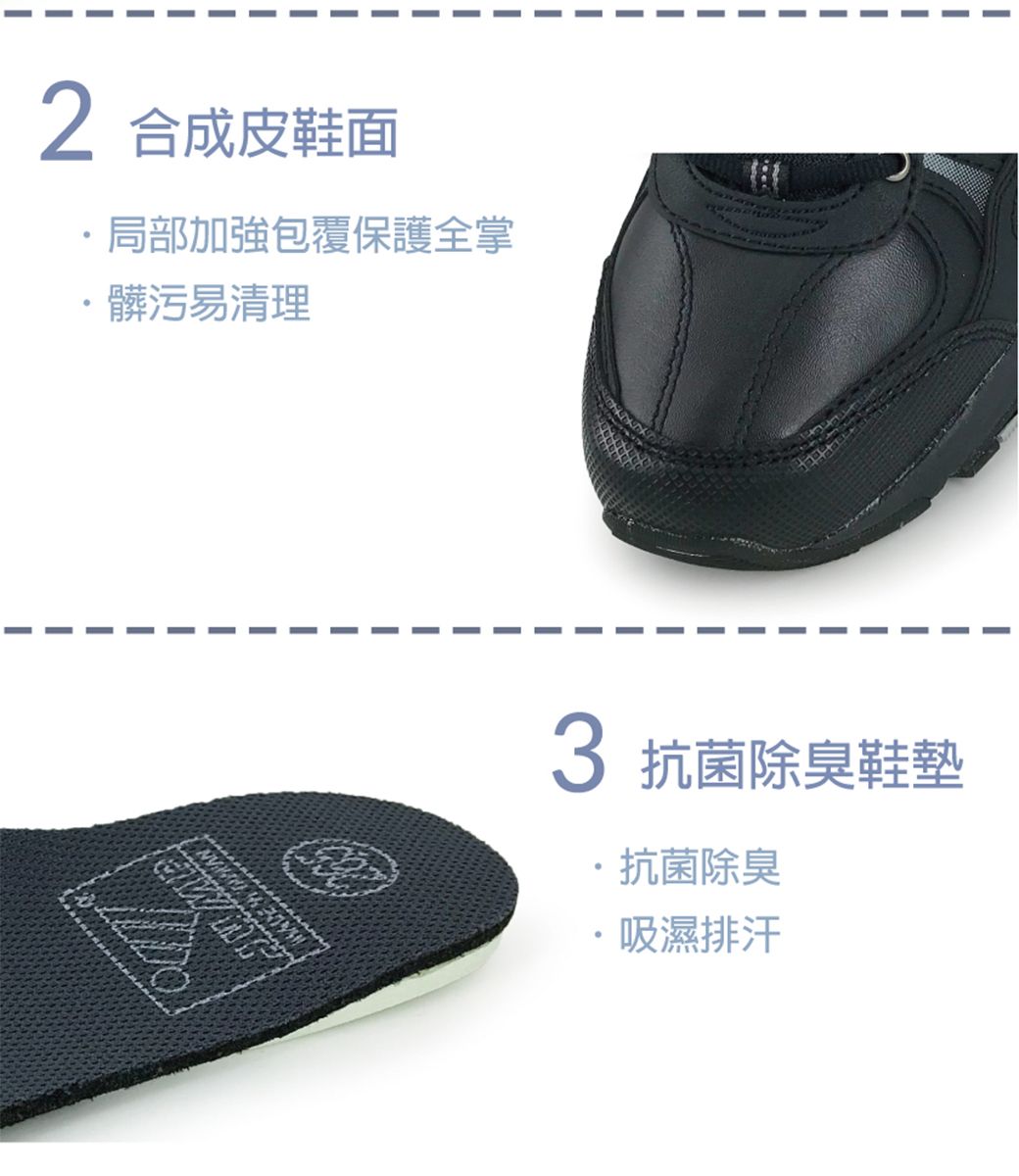 2 合成皮鞋面局部加強包覆保護全掌髒污易清理 抗菌除臭鞋墊·抗菌除臭吸濕排汗