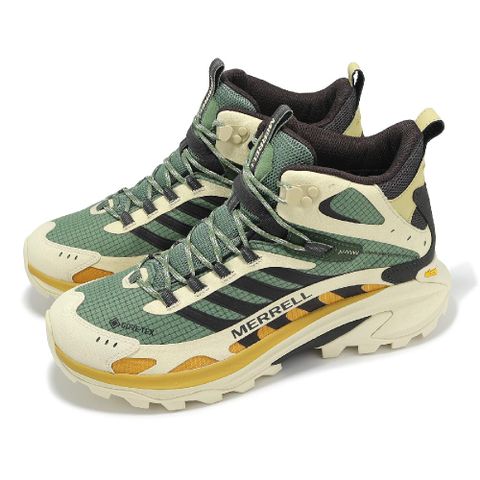 Merrell 邁樂 戶外鞋 Moab Speed 2 Mid GTX 男鞋 米白 綠 防水 中筒 黃金大底 登山鞋 ML037793