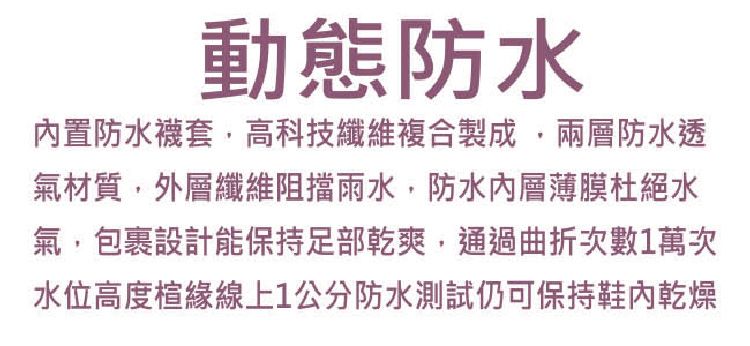 動態防水內置防水襪套高科技纖維複合製成·兩層防水透氣材質,外層纖維阻擋雨水,防水薄膜杜絕水氣,包裹設計能保持足部乾爽,通過曲折次數萬次水位高度緣線上1防水測試仍可保持鞋內乾燥