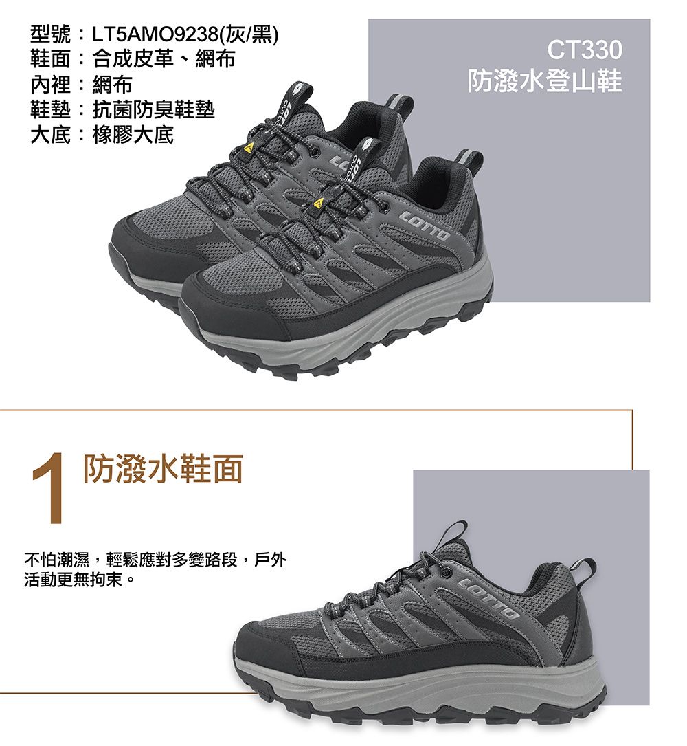 型號:LT5AMO9238(灰/黑)鞋面:合成皮革、網布內裡:網布CT330防潑水登山鞋鞋墊:抗菌防臭鞋墊大底:橡膠大底 防潑水鞋面不怕潮濕,輕鬆應對多變路段,戶外活動更無拘束。LOTTO