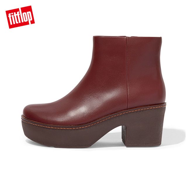 FitFlop PILAR LEATHER ANKLE BOOTS 時尚粗跟短靴-女(暗紅色)