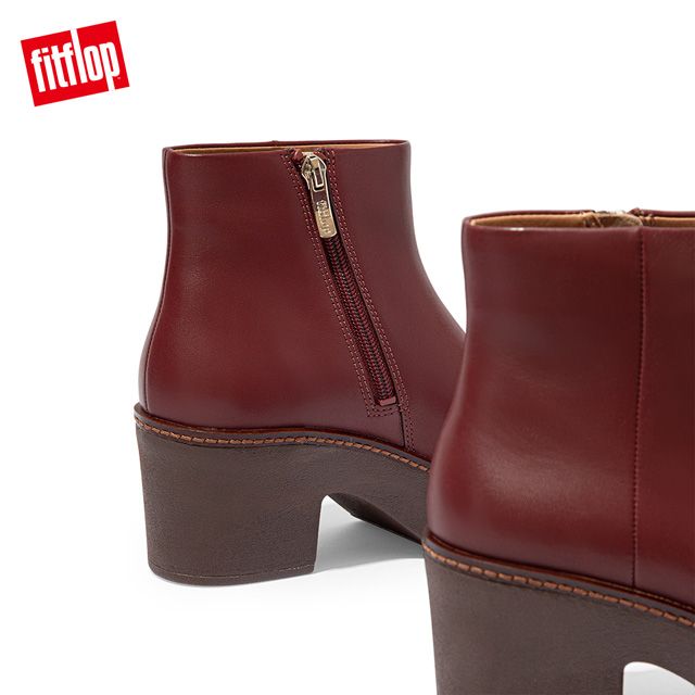 FitFlop PILAR LEATHER ANKLE BOOTS 時尚粗跟短靴-女(暗紅色)