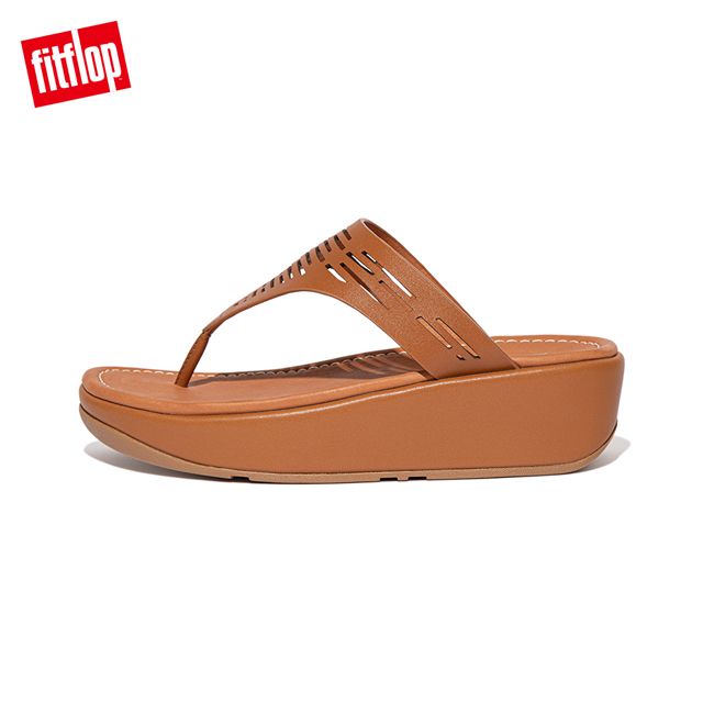 FitFlop LULU SLEEK LASER-CUT LEATHER TOE-POST SANDALS簍空雷射雕刻設計夾腳涼鞋-女(淺褐色)