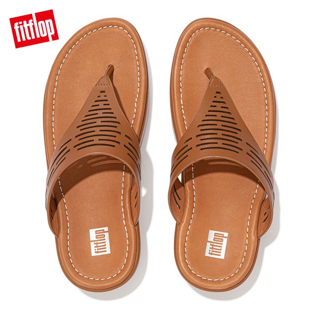 FitFlop LULU SLEEK LASER-CUT LEATHER TOE-POST SANDALS簍空雷射雕刻設計夾腳涼鞋-女(淺褐色)