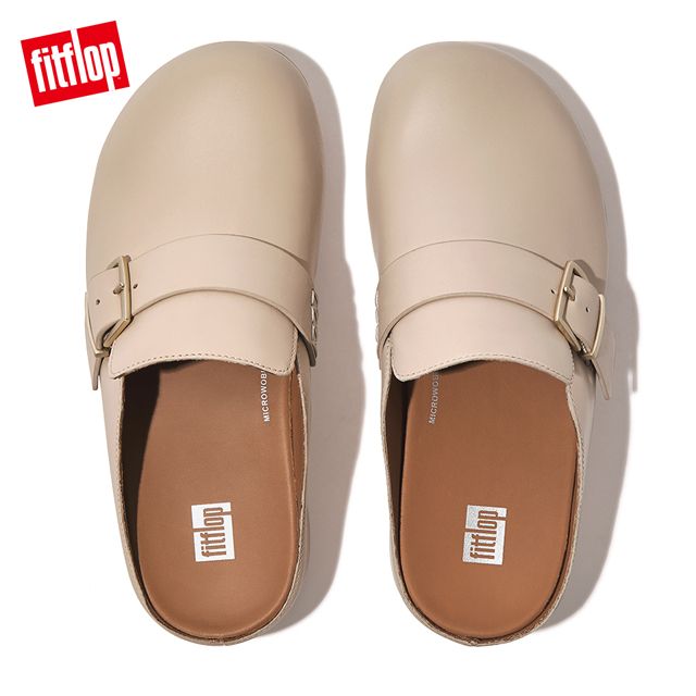 FitFlop】SHUV BUCKLE-STRAP LEATHER CLOGS金屬扣環裝飾木屐鞋-女(白石