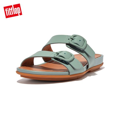 FitFlop GRACIE RUBBER BUCKLE TWO-BAR LEATHER SLIDES 扣環造型雙帶涼鞋-女(冷藍色)