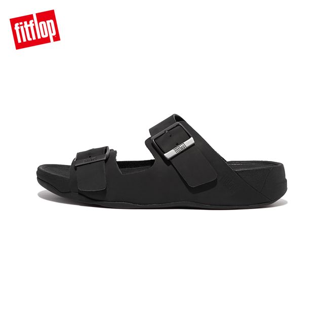 FitFlop GOGH MOC MENS BUCKLE LEATHER SLIDES 扣環裝飾皮革雙帶涼鞋-男(黑色)