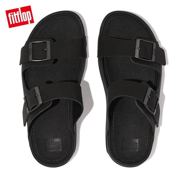 FitFlop GOGH MOC MENS BUCKLE LEATHER SLIDES 扣環裝飾皮革雙帶涼鞋-男(黑色)