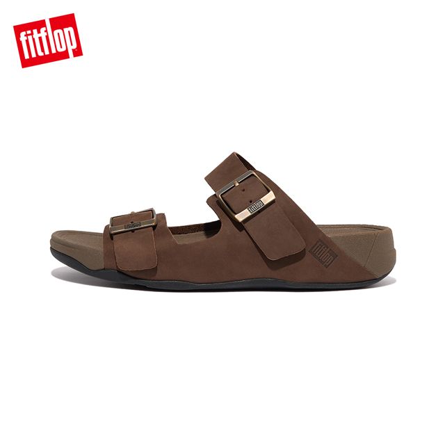 FitFlop GOGH MOC MENS BUCKLE LEATHER SLIDES 扣環裝飾皮革雙帶涼鞋-男(巧克力棕)