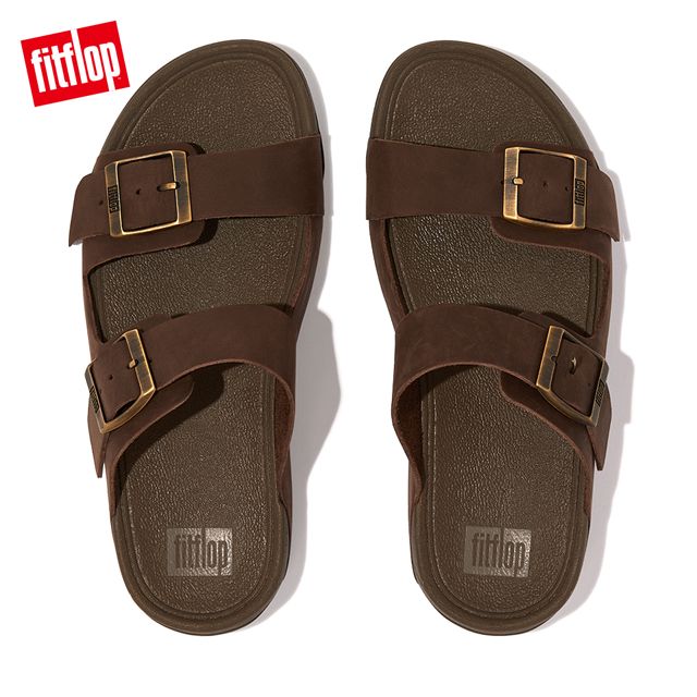 FitFlop GOGH MOC MENS BUCKLE LEATHER SLIDES 扣環裝飾皮革雙帶涼鞋-男(巧克力棕)