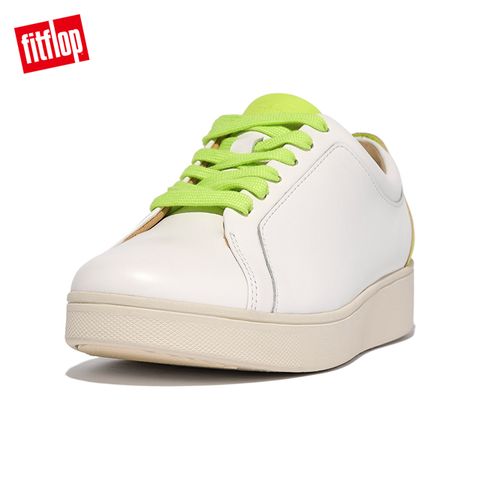 FitFlop RALLY NEON POP LEATHER SNEAKERS 螢光撞色繫帶休閒鞋-女(都會白/螢光黃)