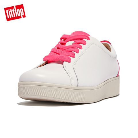 FitFlop RALLY NEON POP LEATHER SNEAKERS 螢光撞色繫帶休閒鞋-女(都會白/螢光粉)