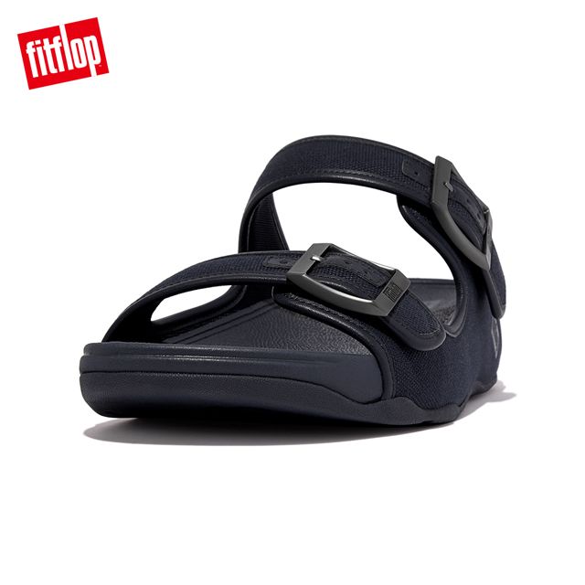 FitFlop GOGH MOC MENS BUCKLE CANVAS SLIDES扣環帆布皮革滾邊雙帶涼鞋-男(午夜藍)