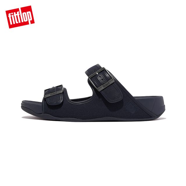 FitFlop GOGH MOC MENS BUCKLE CANVAS SLIDES扣環帆布皮革滾邊雙帶涼鞋-男(午夜藍)