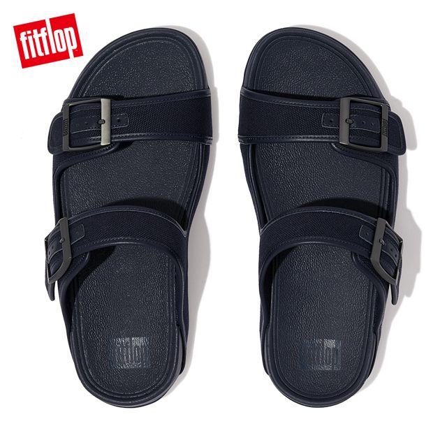 FitFlop GOGH MOC MENS BUCKLE CANVAS SLIDES扣環帆布皮革滾邊雙帶涼鞋-男(午夜藍)