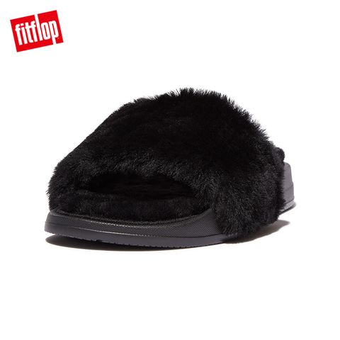 FitFlop iQUSHION SHEARLING SLIDES輕量羊毛毛絨一片式涼鞋-女(靓黑色)