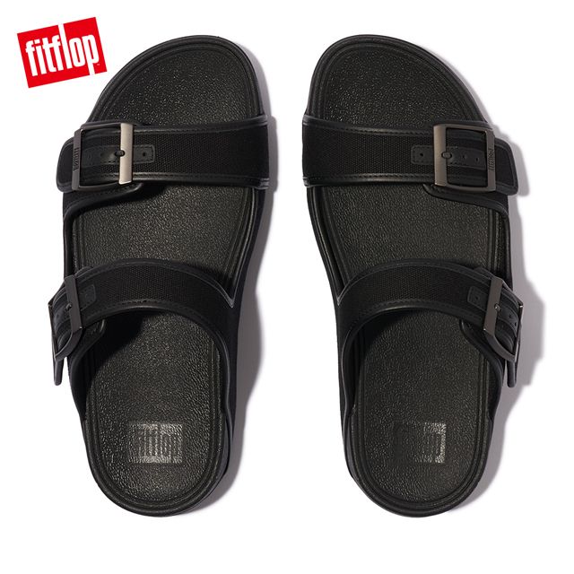 FitFlop GOGH MOC MENS BUCKLE CANVAS SLIDES 扣環帆布造型雙帶涼鞋-男(黑色)