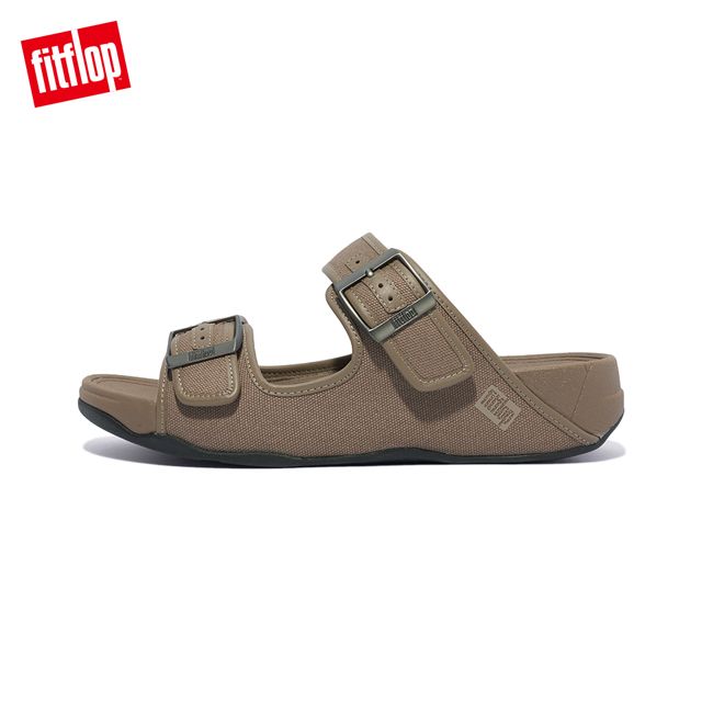 FitFlop GOGH MOC MENS BUCKLE CANVAS SLIDES 扣環帆布造型雙帶涼鞋-男(灰褐色)