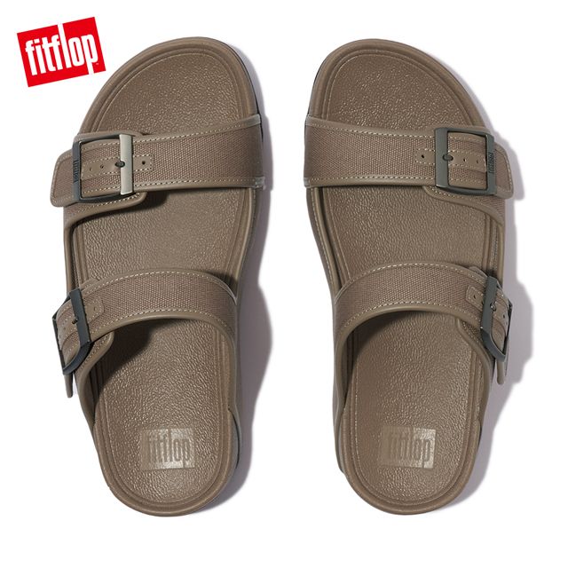 FitFlop GOGH MOC MENS BUCKLE CANVAS SLIDES 扣環帆布造型雙帶涼鞋-男(灰褐色)