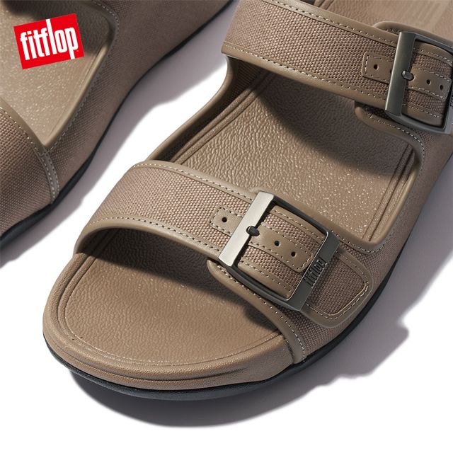 FitFlop GOGH MOC MENS BUCKLE CANVAS SLIDES 扣環帆布造型雙帶涼鞋-男(灰褐色)