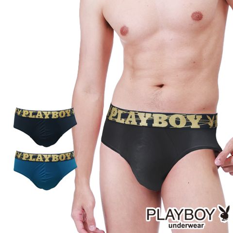 【PLAYBOY】男內褲 黃金織帶涼感透氣網眼舒適三角褲(黑/中普藍/寶藍)