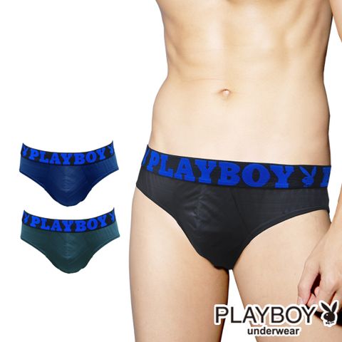 【PLAYBOY】男內褲 LOGO織帶涼感緞彩透氣三角褲(黑紋/湖綠紋/寶藍紋)