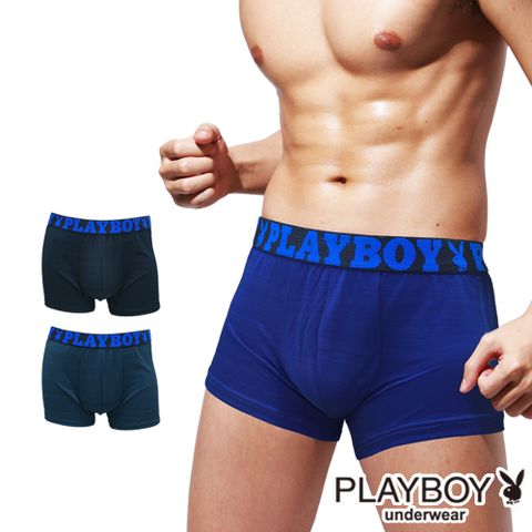 【PLAYBOY】男內褲 LOGO織帶涼感緞彩透氣平口褲(黑紋/湖綠紋/寶藍紋)