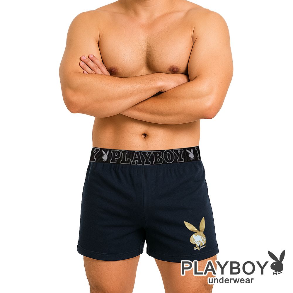 PLAYBOY 燙金Logo設計織帶四角褲(丈青)