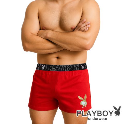 【PLAYBOY】燙金Logo設計織帶四角褲(紅)