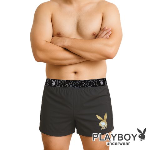 【PLAYBOY】燙金Logo設計織帶四角褲(灰)