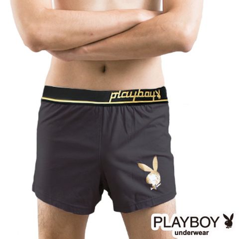 PLAYBOY 獨家新款 燙金Logo織帶針織印圖平口褲_灰