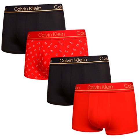 Calvin Klein Microfiber 男內褲 莫代爾絲質彈力舒適四角褲/CK內褲-喜氣紅黑系列 四入組