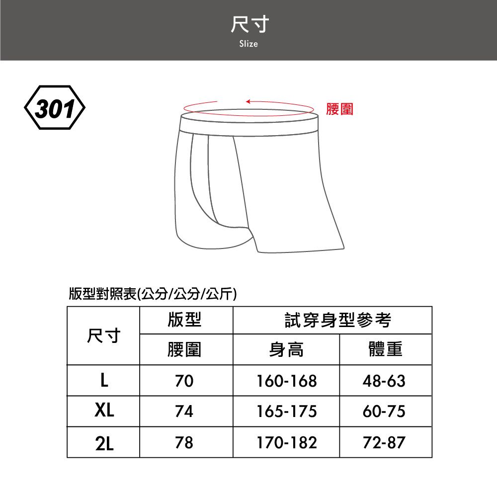 301尺寸Slize版型對照表(公分公分/公斤)腰圍版型試穿身型參考尺寸腰圍身高體重L70160-16848-63XL74165-17560-752L78170-18272-87