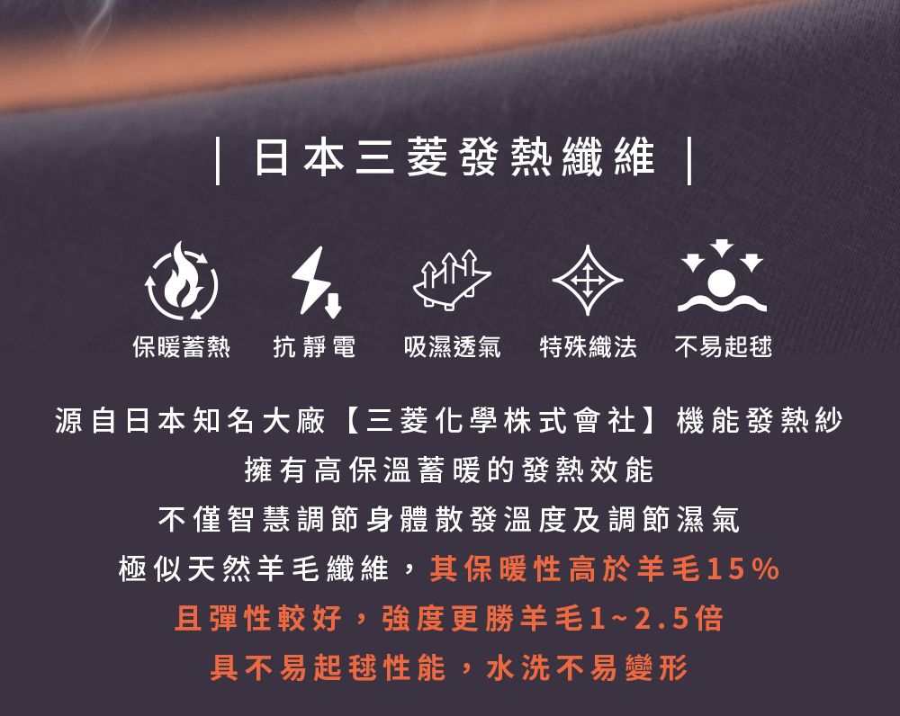 日本三菱發熱纖維 保暖蓄熱 抗靜電 吸濕透氣 特殊織法不易起源自日本知名大廠【三菱化學株式會社】機能發熱紗擁有高保溫蓄暖的發熱效能不僅智慧調節身體散發溫度及調節濕氣極似天然羊毛纖維,其保暖性高於羊毛5%且彈性較好,強度更勝羊毛1~2.5倍具不易起毬性能,水洗不易變形