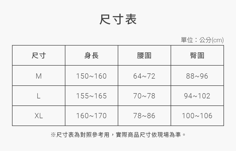 尺寸表單位:公分(cm)臀圍尺寸身長腰圍M150-1606472L155165707894102XL1601707886100~106※尺寸表為對照參考用,實際商品尺寸依現場為準。